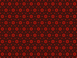 A red floral pattern on a dark red, geometric background.