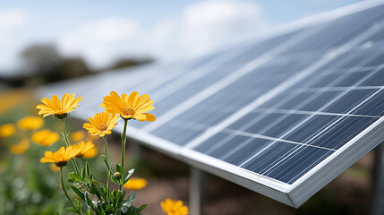 Solar panels in blooming field with yellow flowers for sustainable energy design