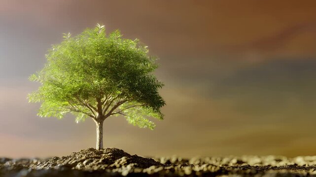 A solitary green tree emerges from cracked dry earth, symbolizing growth, hope, and resilience in a harsh environment with copy space
