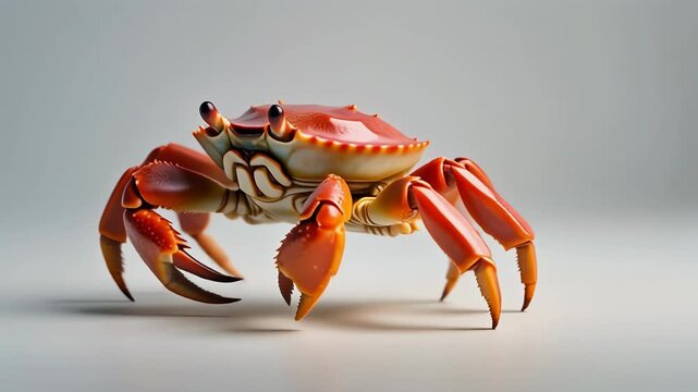 A vibrant orange and red crab with large claws stands on a plain light background in a studio setting.