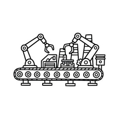 Automated Production Line with Robotic Arms in Black and White.