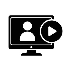Computer monitor displaying a user icon and a play button, symbolizing online video, streaming, or digital content