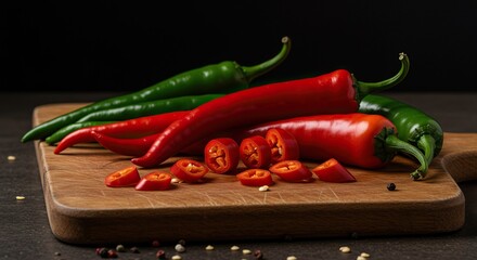 Assorted hot chili peppers arranged on a cutting board, symbolizing extreme culinary heat and intense capsaicin content for spicy dishes ,red ,texture ,seasoning