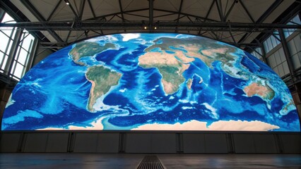 A large, curved display shows a vivid map of the world, highlighting oceans and continents in a modern architectural setting.