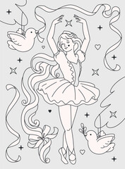 Christmas line art coloring page illustration of a ballerina dancing with birds and flowing ribbons among stars. A beautiful vintage-style coloring book