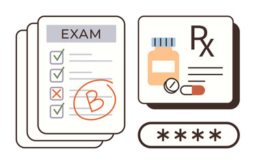 Exam paper with grades, completed checkmarks, prescription label, password field. Ideal for education, health literacy, pharmaceuticals, privacy testing assessment medication adherence. Simple