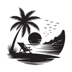 Tropical Island Paradise Silhouette Vector with Palm Trees