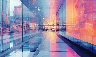 Modern cityscape reflections in vibrant blue and pink. Urban abstract background with blurred lights. Futuristic city concept for digital design.