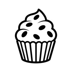 Simple black and white illustration of a cupcake with chocolate chips