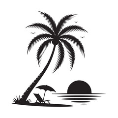 Tropical Island Silhouette with Palm Trees and Birds Vector