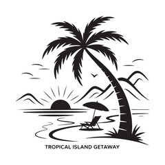 Tropical Island Paradise Silhouette Vector for T-Shirt Print