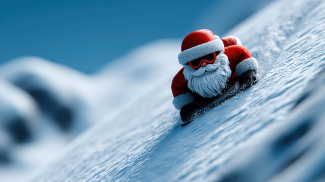 Christmas Santa snowboarding downhill on snowy mountain with joyful expression, wearing red suit and goggles, winter holiday adventure scene