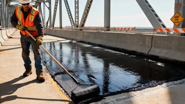Medium shot showing a contractor applying hot bitumen coating to a bridge deck ensuring a durable and moistureresistant waterproof barrier.