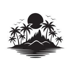 Tropical Island and Mountains Silhouette Vector Logo