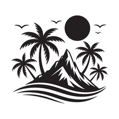 Exotic Island Silhouette with Palm Trees and Birds Vector