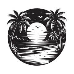 Monochrome Tropical Paradise Circular Badge Vector Logo