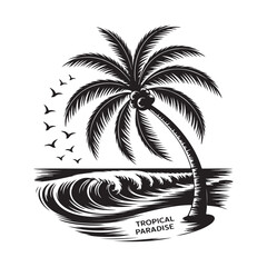 Tropical Island Silhouette with Ocean Wave Vector Logo