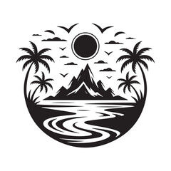 Tropical Beach Paradise Circular Silhouette Vector Badge
