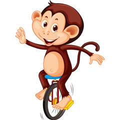 Cartoon Monkey Riding a Unicycle with a Blue Seat and Yellow Pedals on a Transparent Background with a Happy Expression and Brown Fur