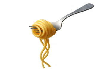Spaghetti noodles twirling on a fork, ready for eating, a classic italian pasta meal on a transparent background