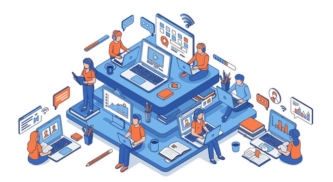 Isometric illustration showcasing collaborative online learning and teamwork environment