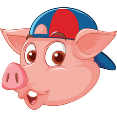 Cartoon Pig Face Wearing A Blue Red Cap Happy Expression Transparent Background