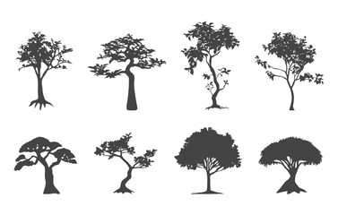 A set of black tree silhouettes, Tree svg, Tree silhouette set, Forest tree svg, Tree vectors, Evergreen tree silhouette.