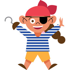 Cartoon Pirate Girl With Hook Hand And Eye Patch Wearing Striped Shirt And Yellow Shorts Posing Playfully On Transparent Background