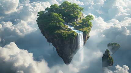 Fantasy Floating Island Waterfall Sky Landscape.
