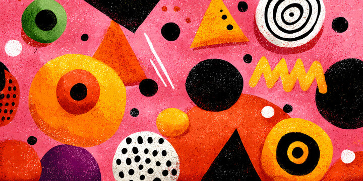 Memphis geometric seamless pattern. Multicolor abstract background in retro 80s, 90s style with various shapes: circles, dots, zigzags, spirals, wavy lines. Bright orange pink cute kid doodle design.