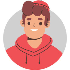 Cartoon portrait of a young man with brown hair wearing a red hoodie and a red cap smiling in a gray circle against a transparent background