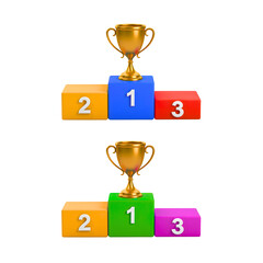 Vibrant 3D Render Gold Trophy on Colorful Ranking Podium Set Isolated on White
