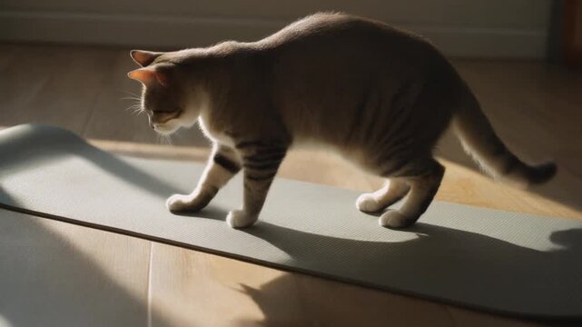 A curious gray tabby cat takes a walk on a fitness mat, enjoying the warm sunbeams in a cozy, sunlit living room