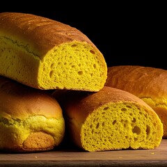 A beautiful arrangement of several golden yellow loaves, freshly baked with a delightful crust and soft interior, ready for consumption ,nutritious ,artisan ,wholesome