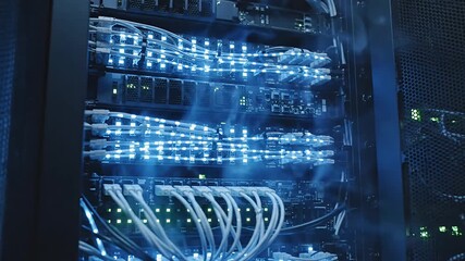 Futuristic data center server rack closeup with vibrant blue glowing network cables and pulsating indicator lights symbolizing global connectivity and technology - Powered by Adobe
