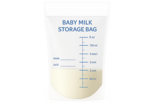 Baby milk storage bag with breastmilk and measurements