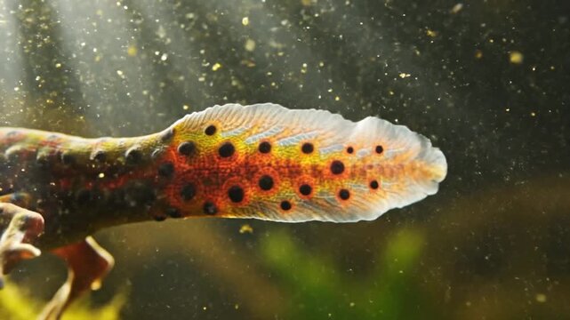 Close-up of a newt's tail with vibrant orange spots and intricate patterns, showcasing its detailed texture and aquatic environment