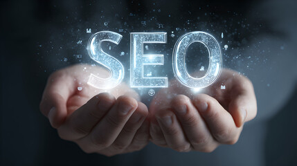 Open hands carefully holding the glowing digital acronym SEO, symbolizing marketing optimization. 
