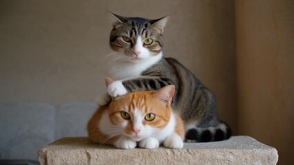 Portrait of two friendly domestic pet cats, a striped tabby and a ginger cat, showcasing their close bond and companionship at home