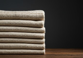 A beautiful, thick stack of woven cream textile throws providing warmth and luxurious comfort during cold winter days ,season ,relaxation ,cozy
