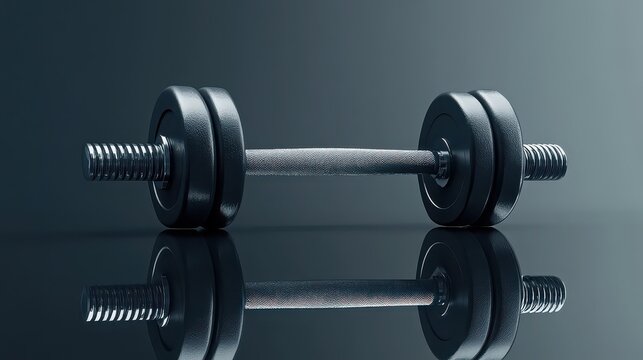 Black dumbbell lying on dark surface with reflection for strength training - Powered by Adobe