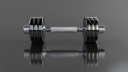 Shiny chrome dumbbell lying on dark surface with reflection for training