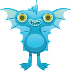 Cartoon Sea Monster Character with Big Eyes and Sharp Teeth Light Blue Aquatic Creature with Fins and Webbed Feet Isolated on Transparent Background