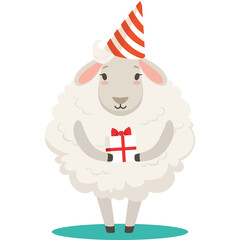 Cartoon Sheep Wearing A Party Hat Holding A Gift Box With A Red Ribbon And A White Bow In A Festive Celebration Scene