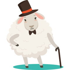 Cartoon Sheep Wearing A Top Hat And Bow Tie Holding A Cane On A Transparent Background