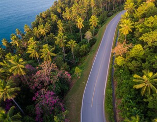 Golden hour aerial view of a scenic coastal road winding through a lush tropical palm tree forest next to the sea