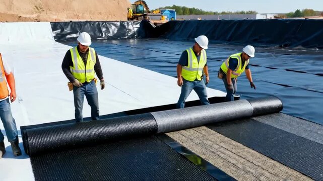 Medium shot of workers spreading composite reservoir liner materials demonstrating advanced layered protection to inhibit seepage in storage facilities