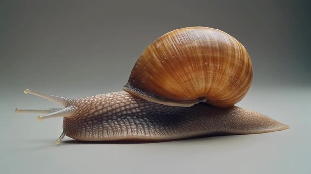 A close-up studio shot of a common garden snail with a brown shell slowly moving across a light background.