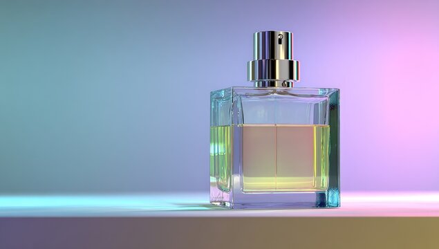 Clear glass perfume bottle with metallic spray nozzle and golden liquid sits on a shelf.