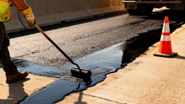 Medium shot showing a contractor applying hot bitumen coating to a bridge deck ensuring a durable and moistureresistant waterproof barrier.